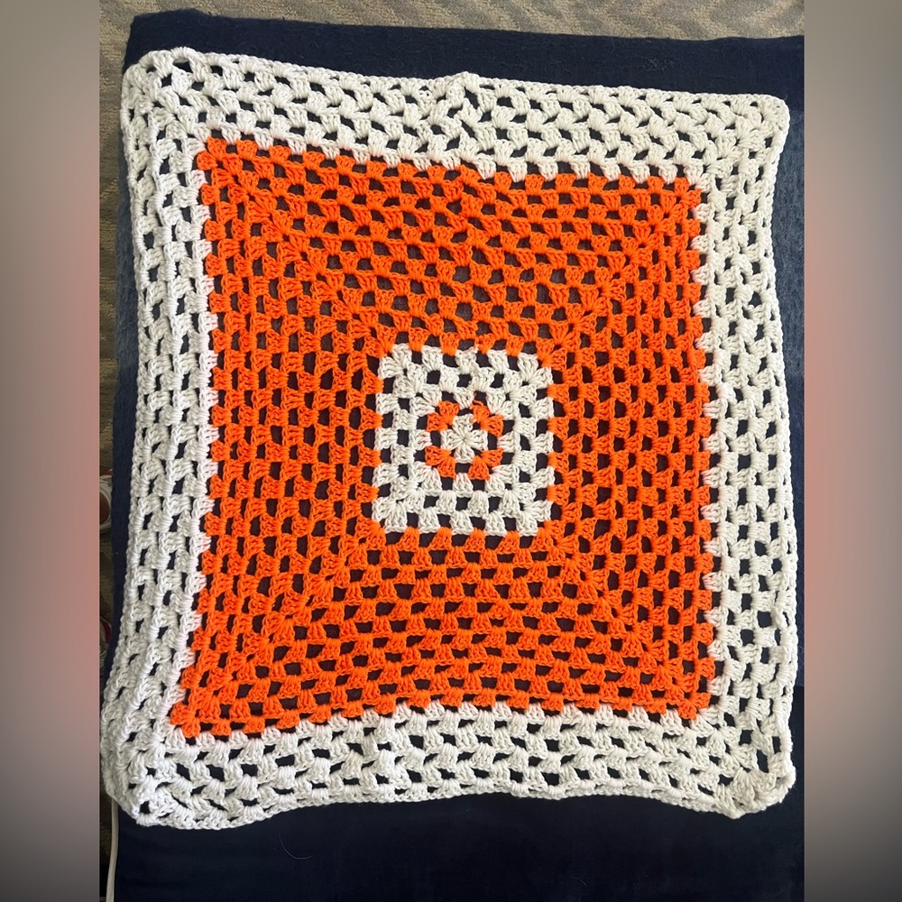 Vintage Doiley Doilie Crocheted 21" Cotton Thread Granny Square White & Orange